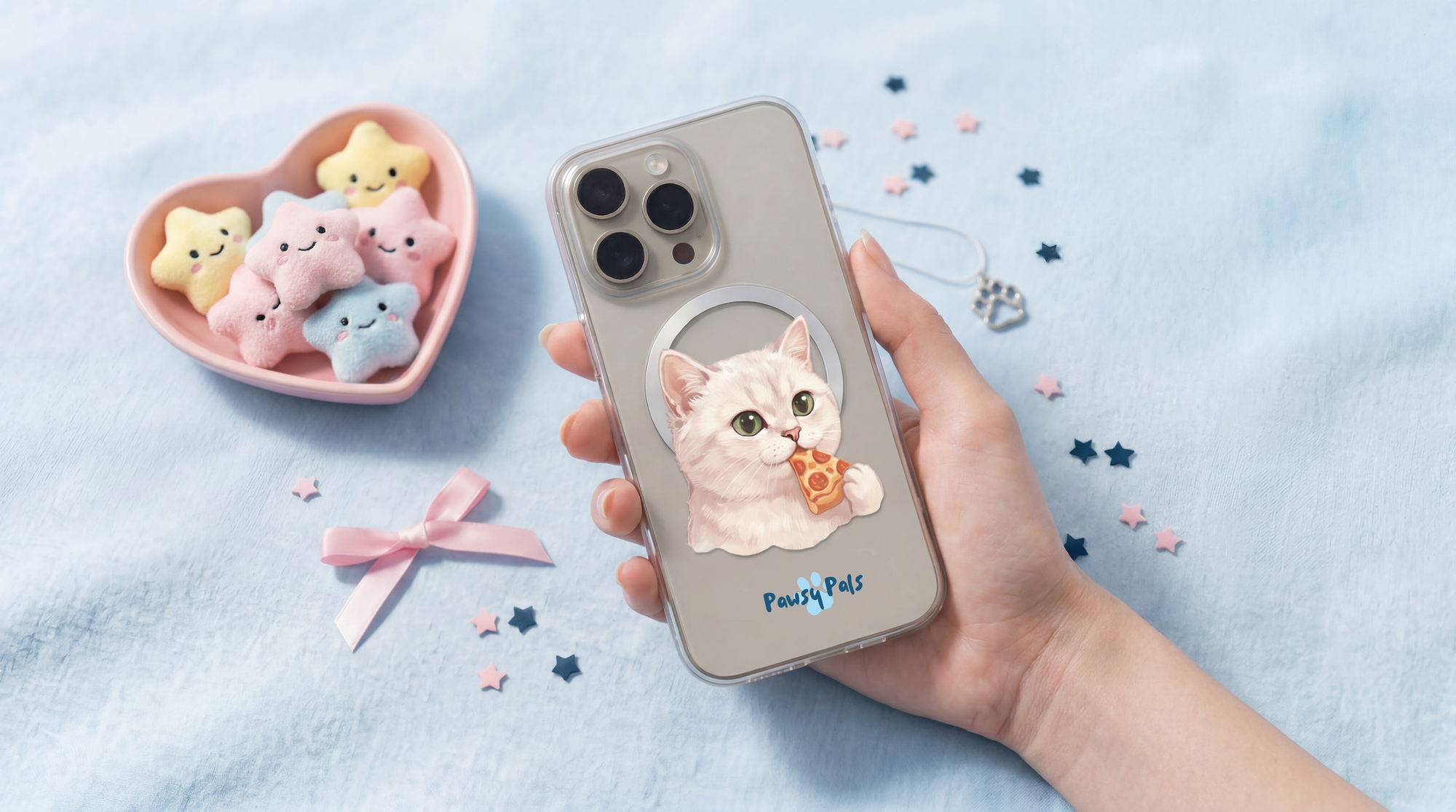 Custom cat portrait clear iPhone case held in hand — watercolor illustration by Pawsy Pals