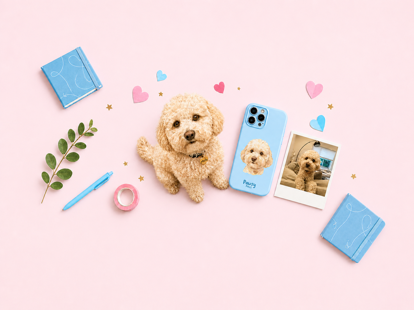 Custom pet portrait phone case with a real dog sitting next to the case, watercolor pet portrait design created by Pawsy Pals