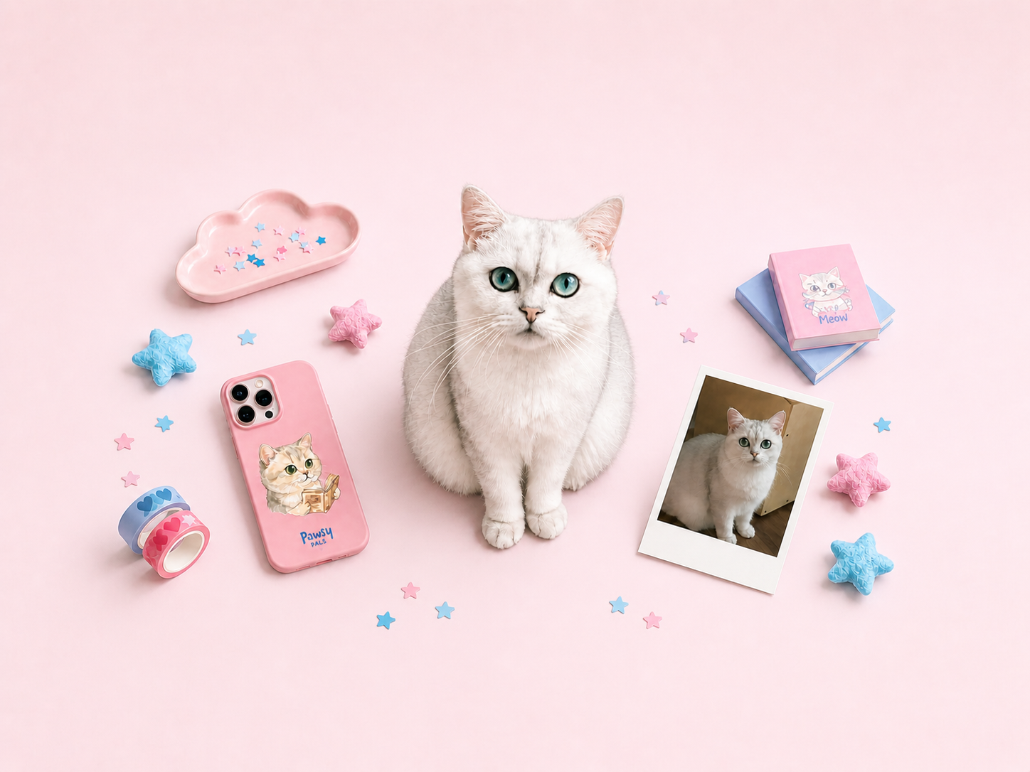 A cat sitting next to a custom pet portrait phone case designed by it, watercolor pet portrait phone case design created by Pawsy Pals