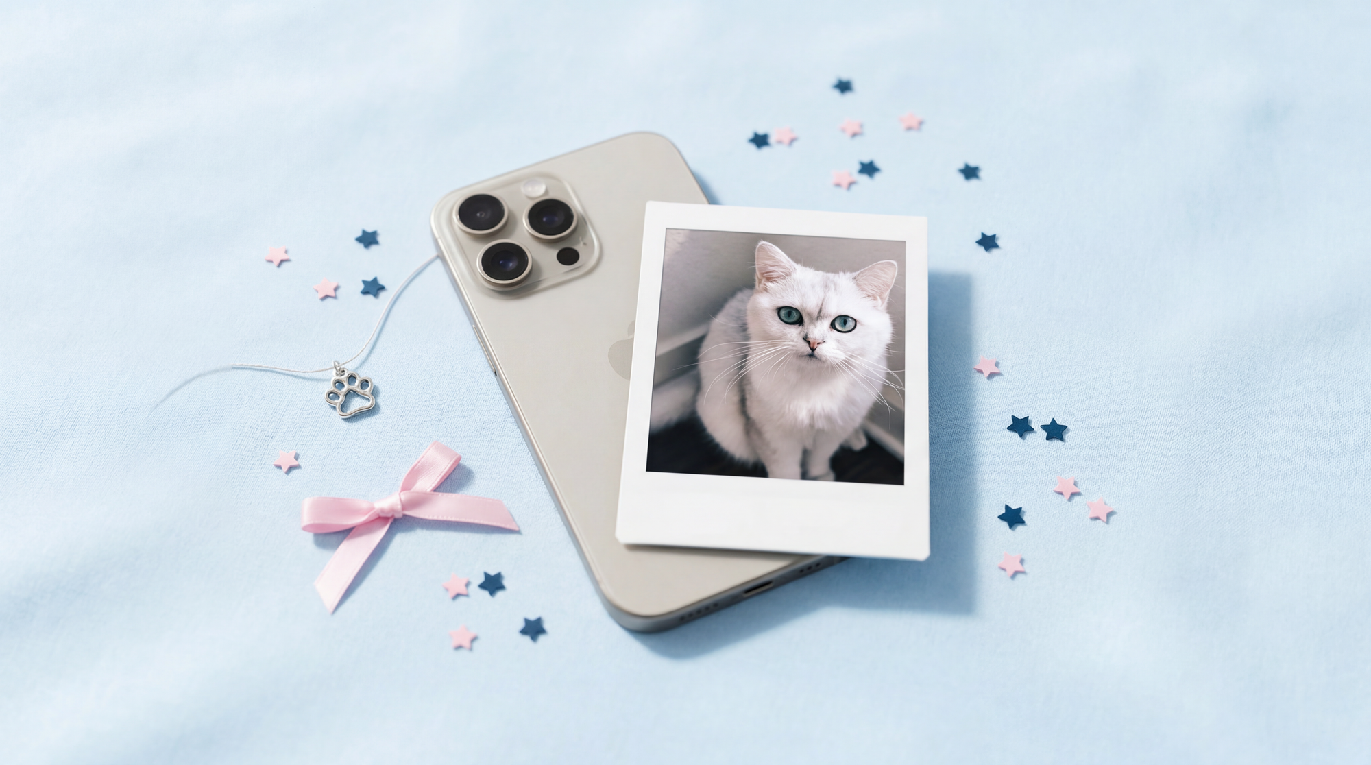 Polaroid photo of a cat next to an iphone