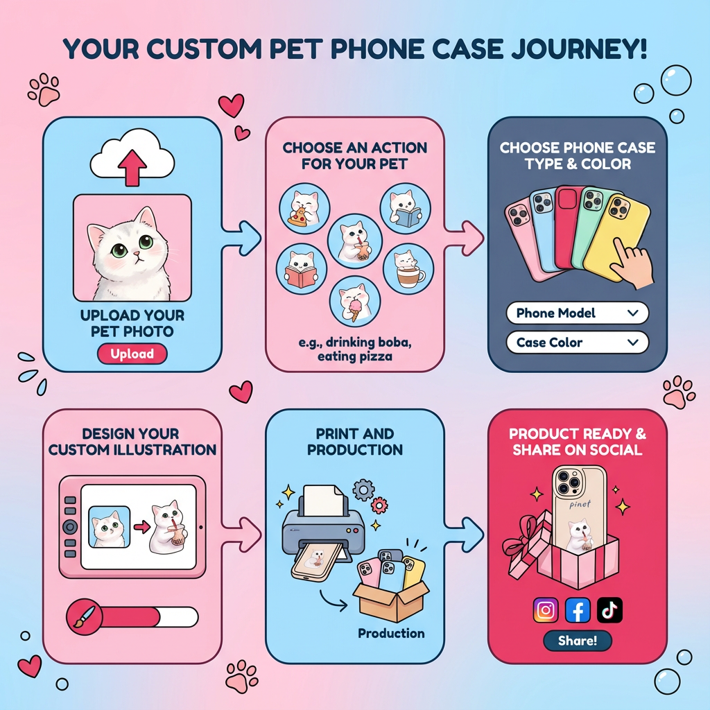 A 6 steps flow showing how custom pet portrait phone case works at Pawsy Pals