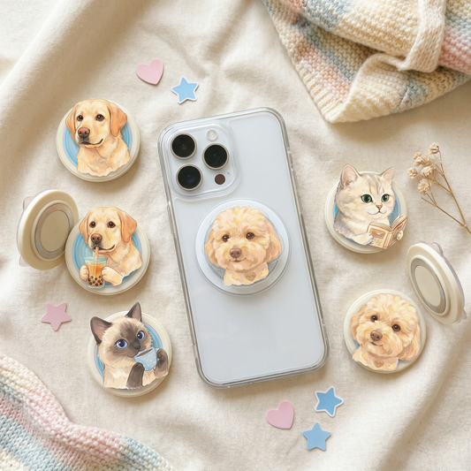 Phone grips with dog and cat illustrations on a soft fabric background
