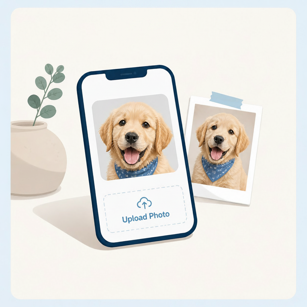 Phone screen with a photo of a dog and text 'Step 1: Upload Your Photo' on a light blue background.