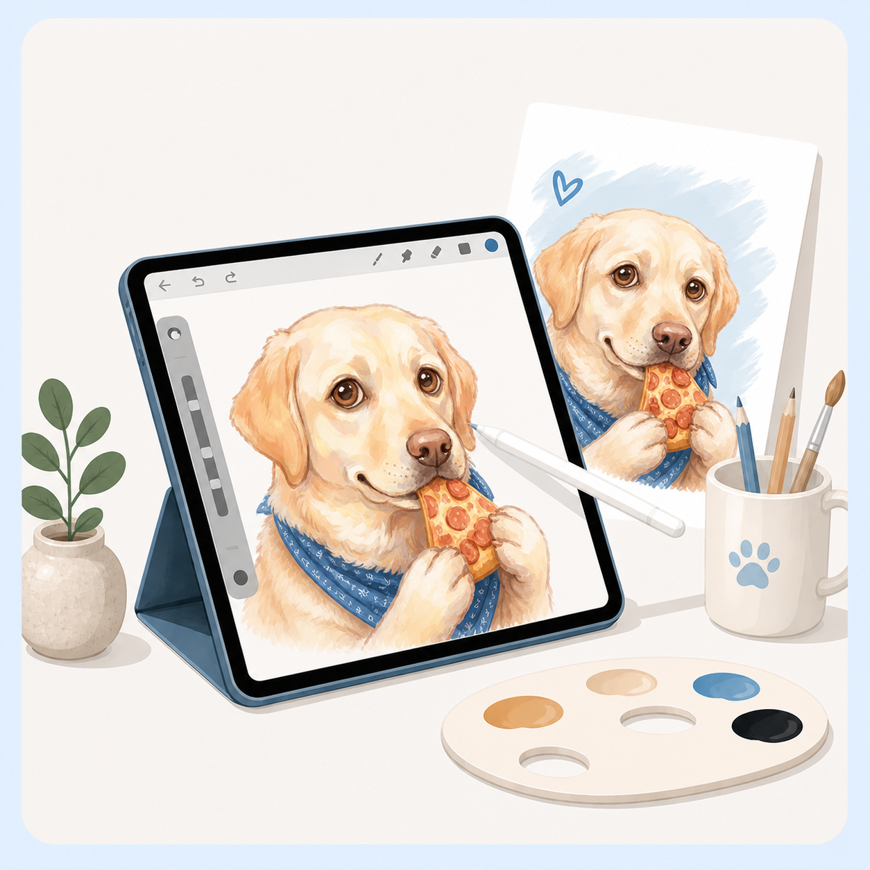 A watercolor pet portrait of a dog eating a slice of pizza, created by Pawsy Pals