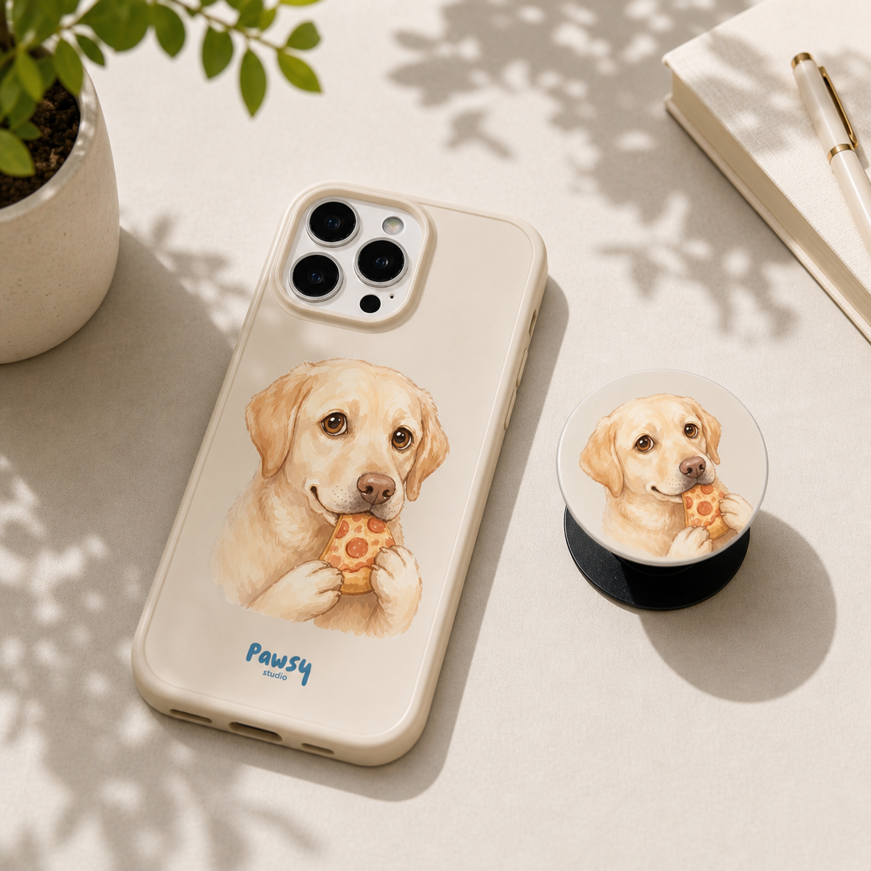 Custom pet portrait phone case and phone grip, watercolor portrait design of a dog eating pizza, created by Pawsy Pals