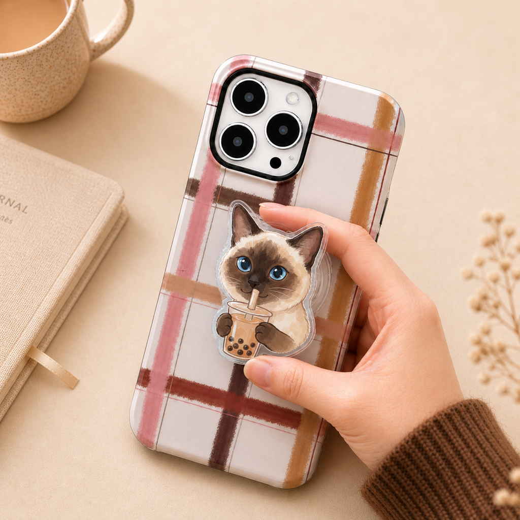 Custom pet portrait phone grip with a cat drinking boba, cute watercolor pet portrait designed by Pawsy Pals