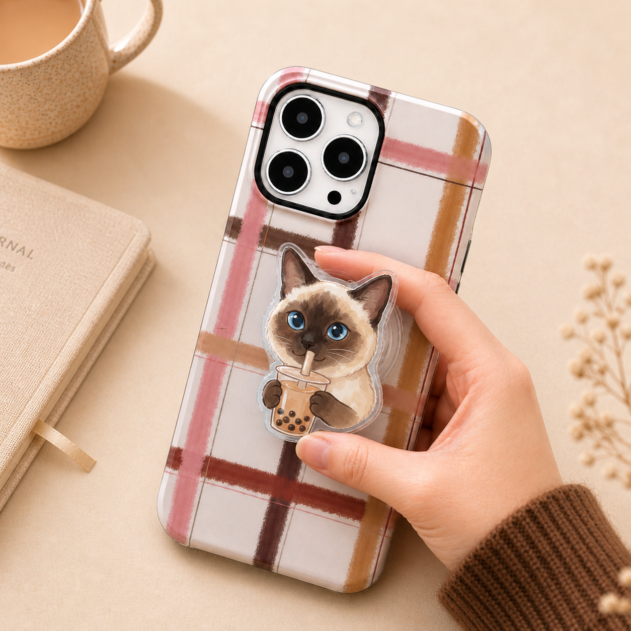 Custom pet portrait phone grip with a cat drinking boba, cute watercolor pet portrait designed by Pawsy Pals