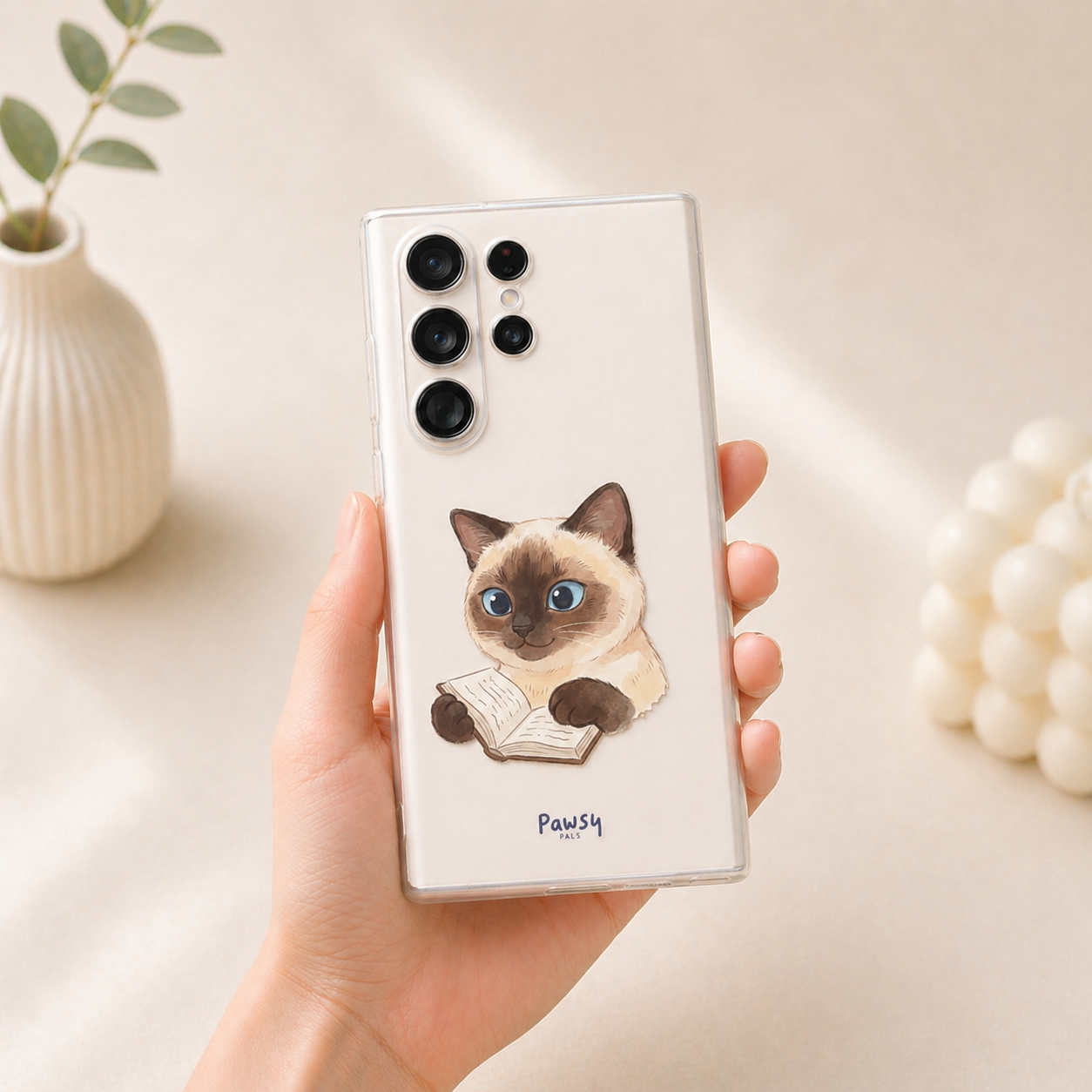 Customized pet portrait phone case with the cat reading books printed, watercolor pet portrait design by Pawsy Pals
