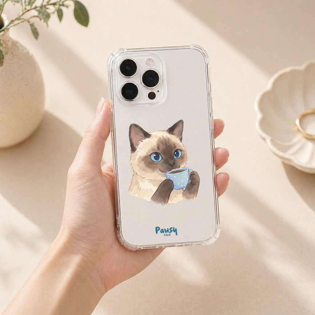 Customized pet portrait clear phone case with a cat drinking coffee, water color design by Pawsy Pals