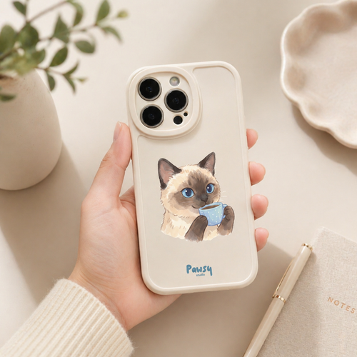 Customized pet portrait phone case with a cat drinking coffee, watercolor designed by Pawsy Pals