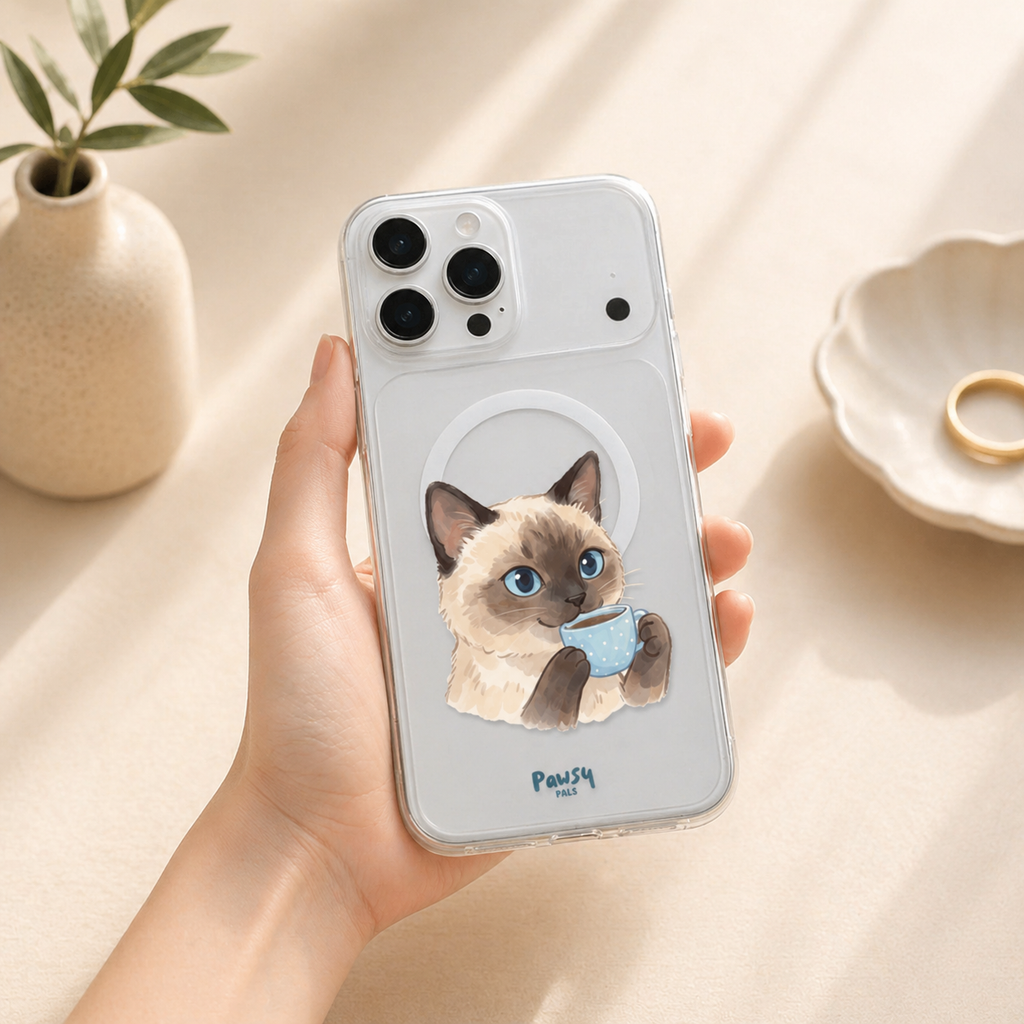 Customized pet portrait clear phone case with a cat drinking coffee design, watercolor pet portrait designed by Pawsy Pals