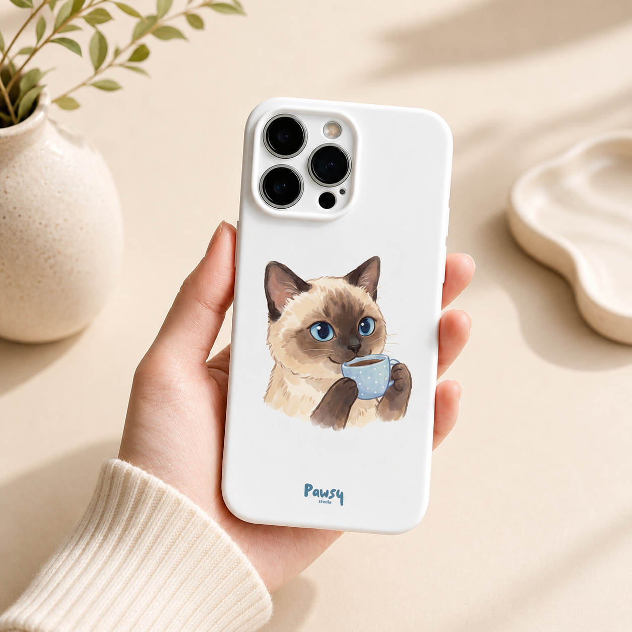 Customized pet portrait clear phone case with a cat drinking coffee, watercolor pet portrait designed by Pawsy Pals