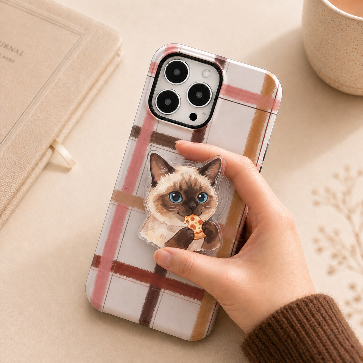 Custom pet portrait phone grip with a cat eating pizza, cute watercolor pet portrait designed by Pawsy Pals