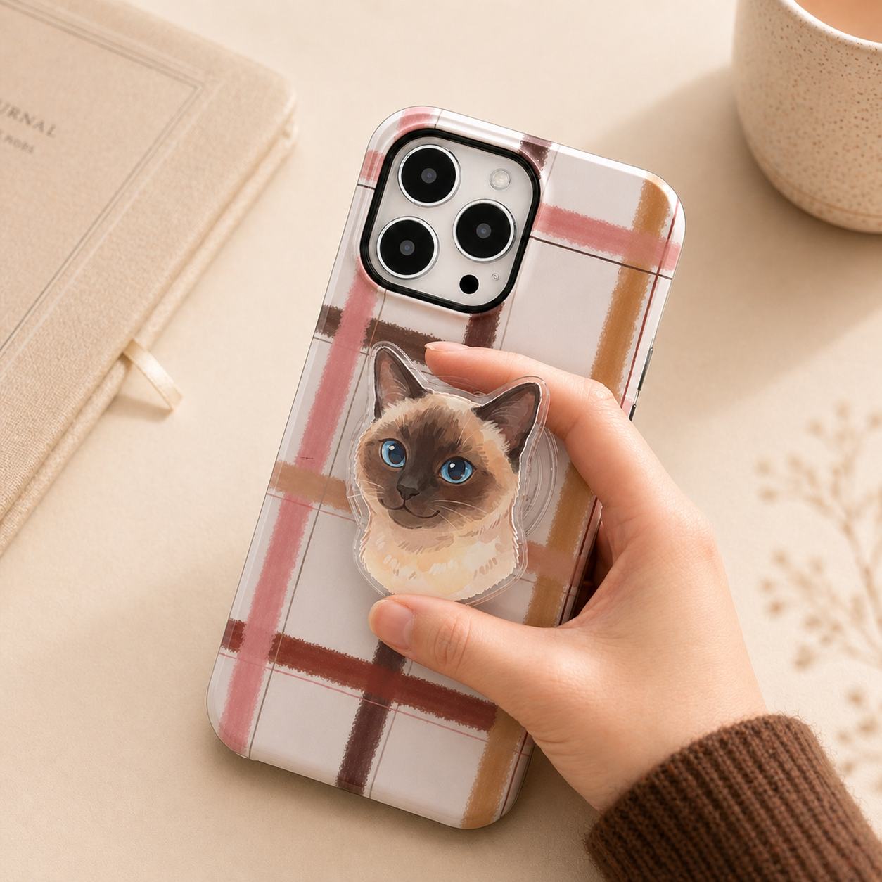 Customized pet portrait phone grip on a phone, watercolor pet portrait design by Pawsy Pals