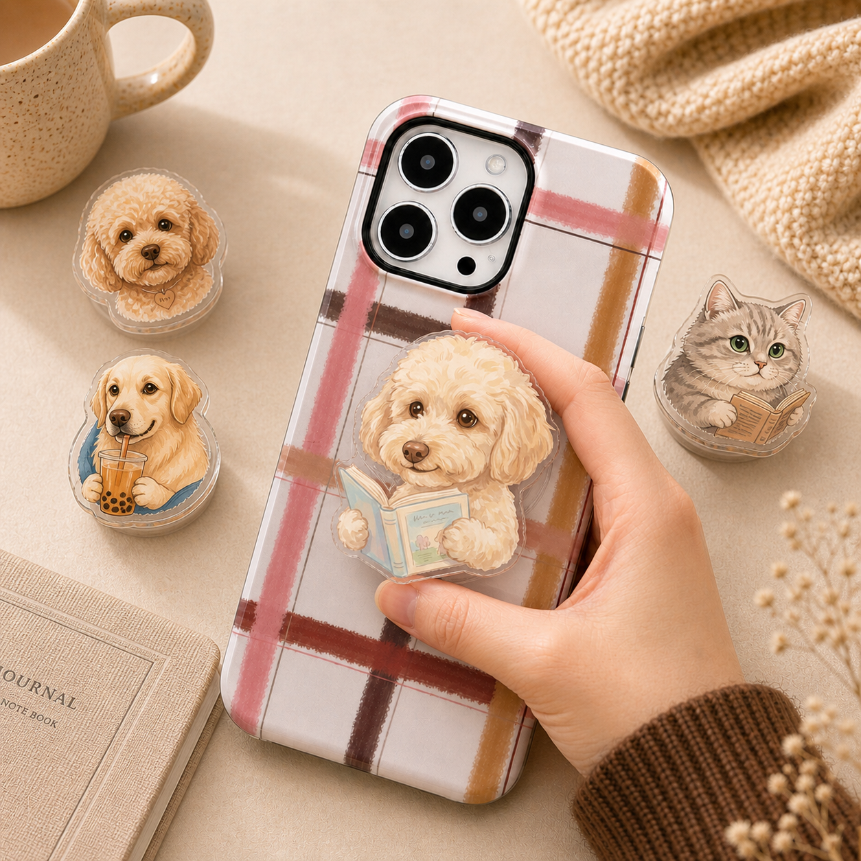 Custom pet portrait phone grip with a dog reading book design, watercolor design created by Pawsy Pals