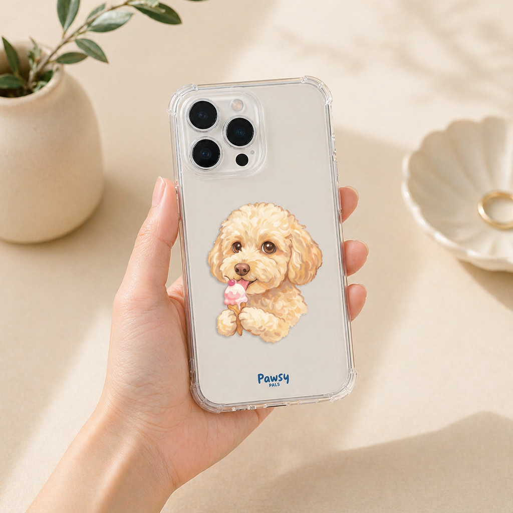 Customized pet portrait clear phone case with a dog eating ice-cream, watercolor pet portrait designed by Pawsy Pals