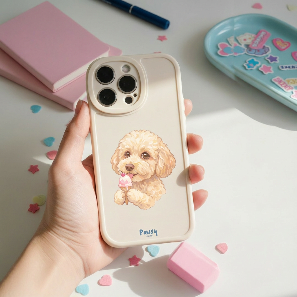 Customized pet portrait phone case with a dog eating ice-cream, watercolor designed by Pawsy Pals