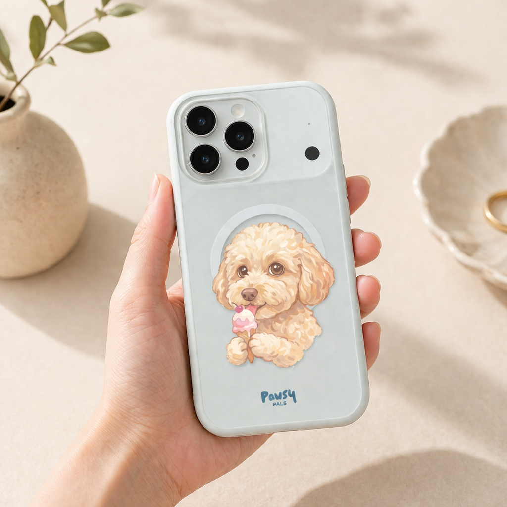 Customized pet portrait clear phone case with a dog eating ice-cream, watercolor pet portrait designed by Pawsy Pals