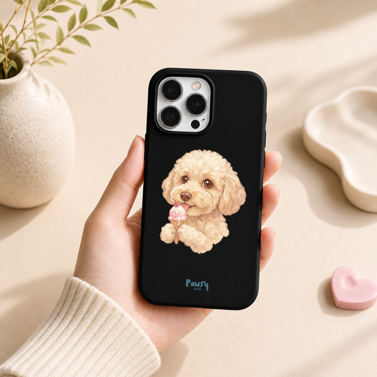 Customized pet portrait clear phone case with a dog eating ice-cream design, watercolor pet portrait designed by Pawsy Pals
