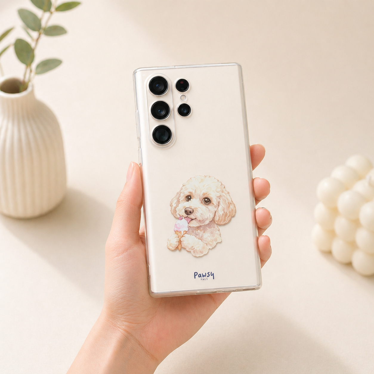 Customized phone case with a dog eating ice-cream printed, watercolor pet portrait design by Pawsy Pals