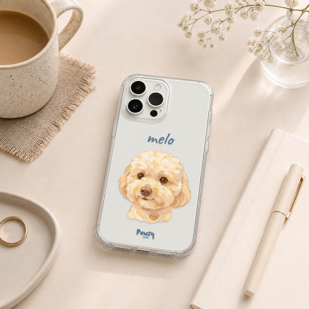 Customized pet portrait clear phone case with a dog's portrait, cute watercolor pet portrait designed by Pawsy Pals