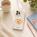 Customized pet portrait phone case with a watercolor portrait of a dog, designed by Pawsy Pals