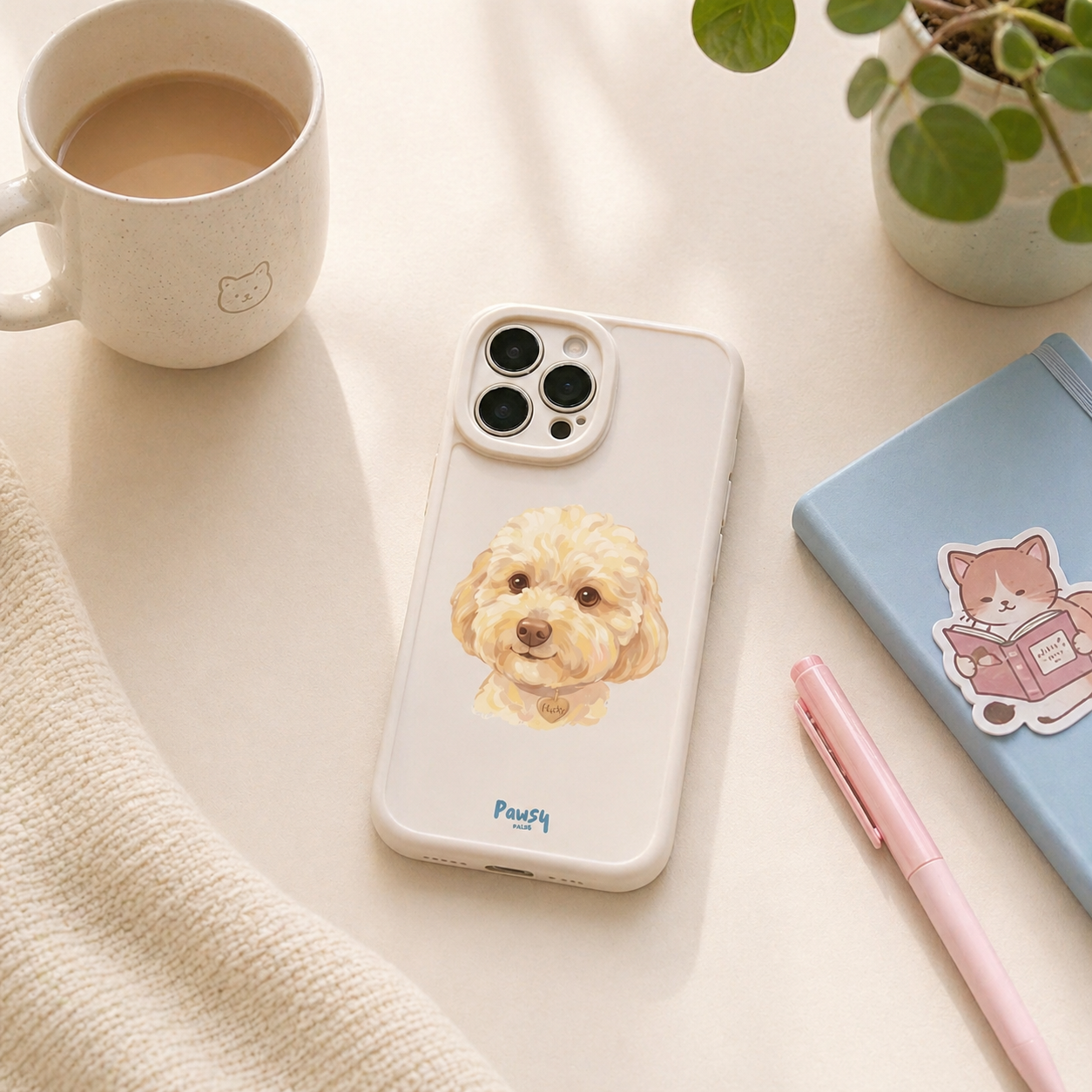 Customized pet portrait phone case with a watercolor portrait of a dog, designed by Pawsy Pals