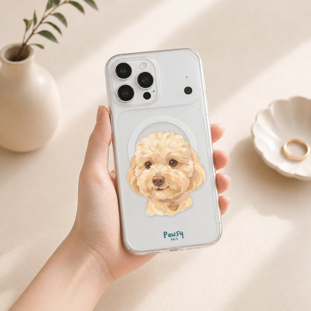Customized pet portrait clear magsafe phone case with a cute dog's portrait, watercolor pet portrait designed by Pawsy Pals