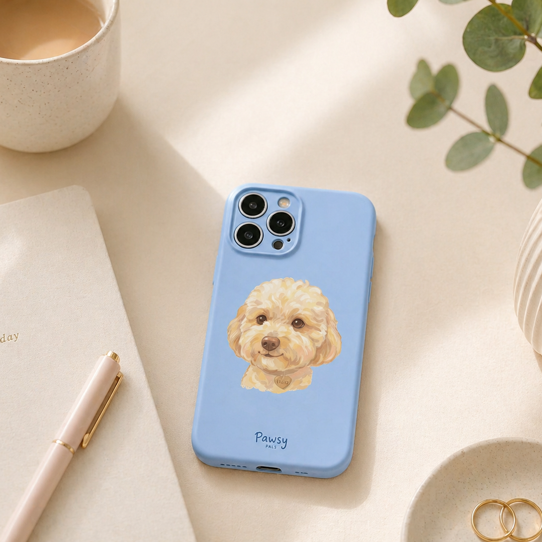 Custom dog portrait phone case,  watercolor illustration on light blue TPU case by Pawsy Pals
