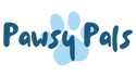 pawsy pals logo in navy with light blue paw print 
