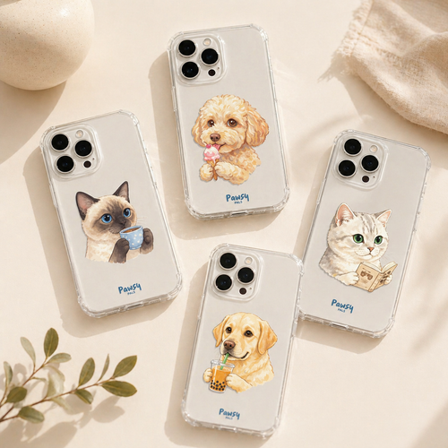 A collection of customized pet portrait clear phone cases with cats and dogs doing various fun actions like eating pizza, drink boba, watercolor pet portrait designed by Pawsy Pals