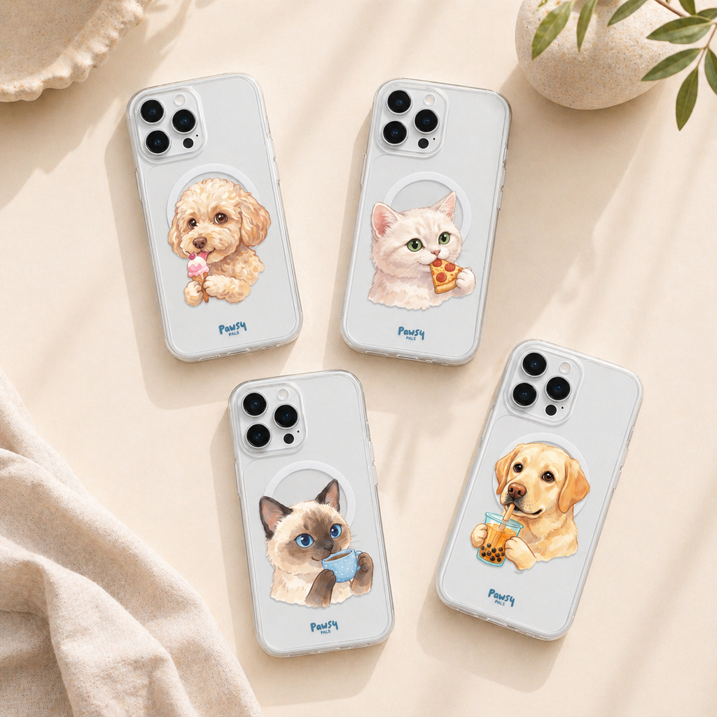 A collection of customized pet portrait magsafe phone cases with cats and dogs doing fun actions, like eating pizza, drinking boba, drinking coffee, watercolor designed by Pawsy Pals