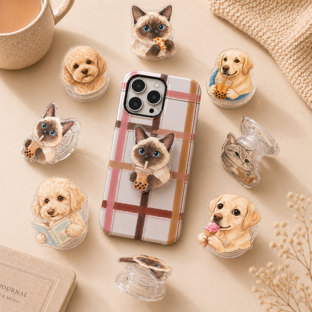 Custom pet portrait phone grips — cat and dog watercolor illustrations by Pawsy Pals