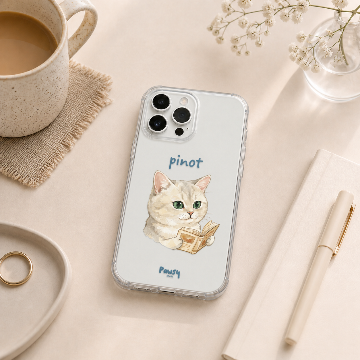 Customized pet portrait clear phone case with a cat reading a book design, watercolor pet portrait designed by Pawsy Pals