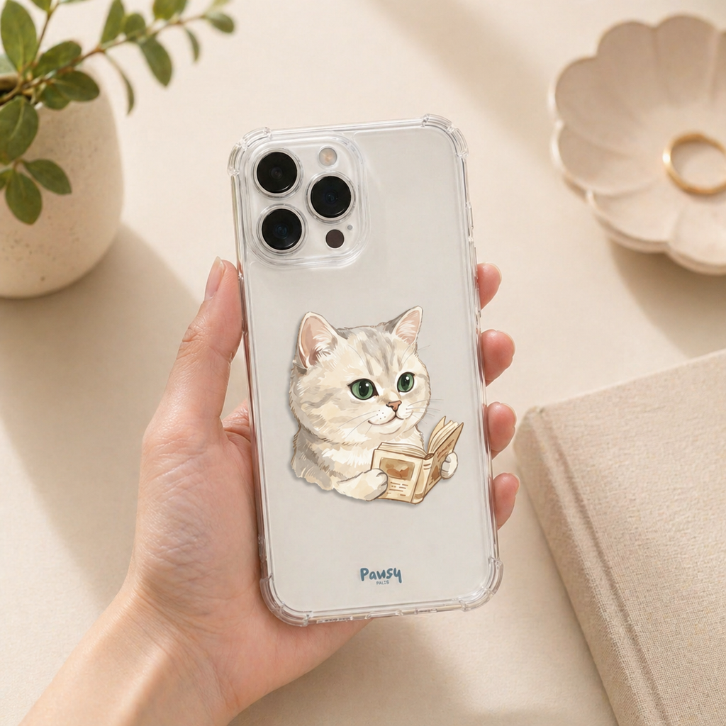Customized pet portrait clear phone case with a cat reading a book design, watercolor pet portrait designed by Pawsy Pals