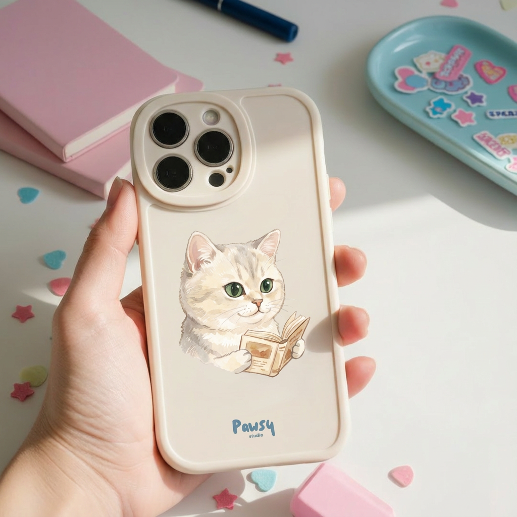 Customized pet portrait phone case with a cat reading a book, watercolor designed by Pawsy Pals