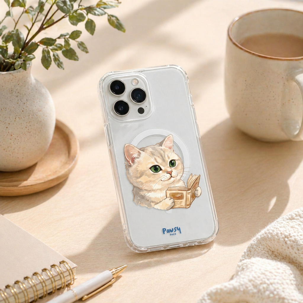 Customized pet portrait clear phone case with a cat reading a book design, watercolor pet portrait designed by Pawsy Pals