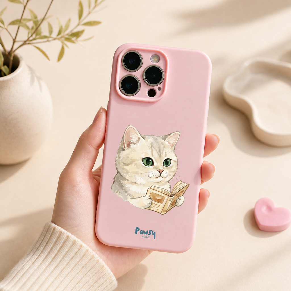 Customized pet portrait pink phone case with a cat reading a book design, watercolor pet portrait designed by Pawsy Pals
