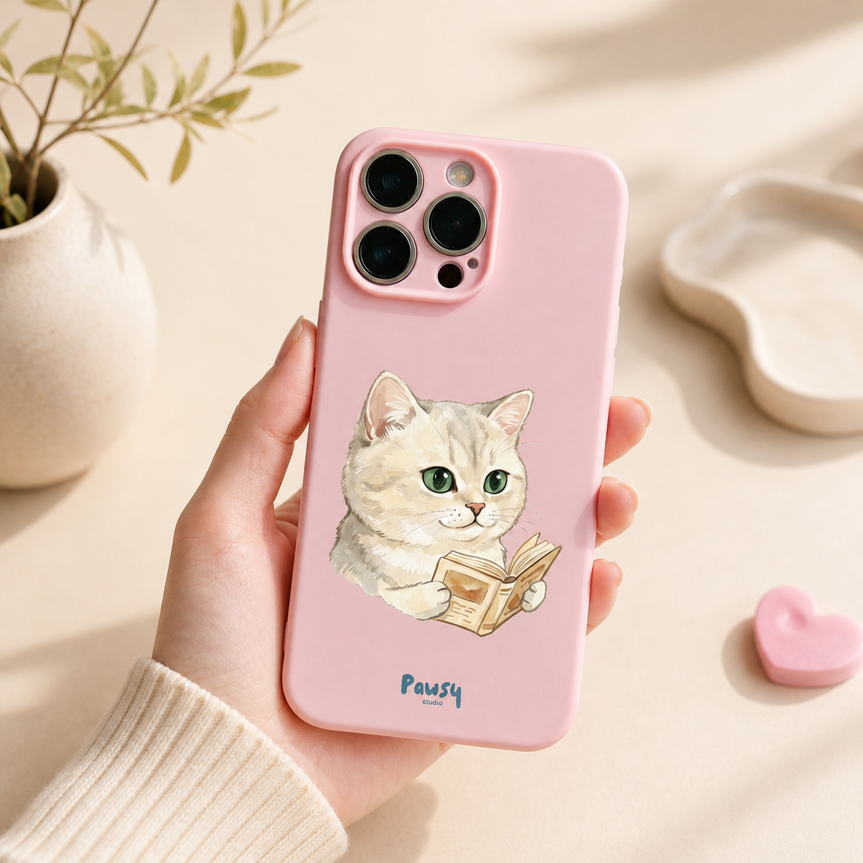 Customized pet portrait pink phone case with a cat reading a book design, watercolor pet portrait designed by Pawsy Pals
