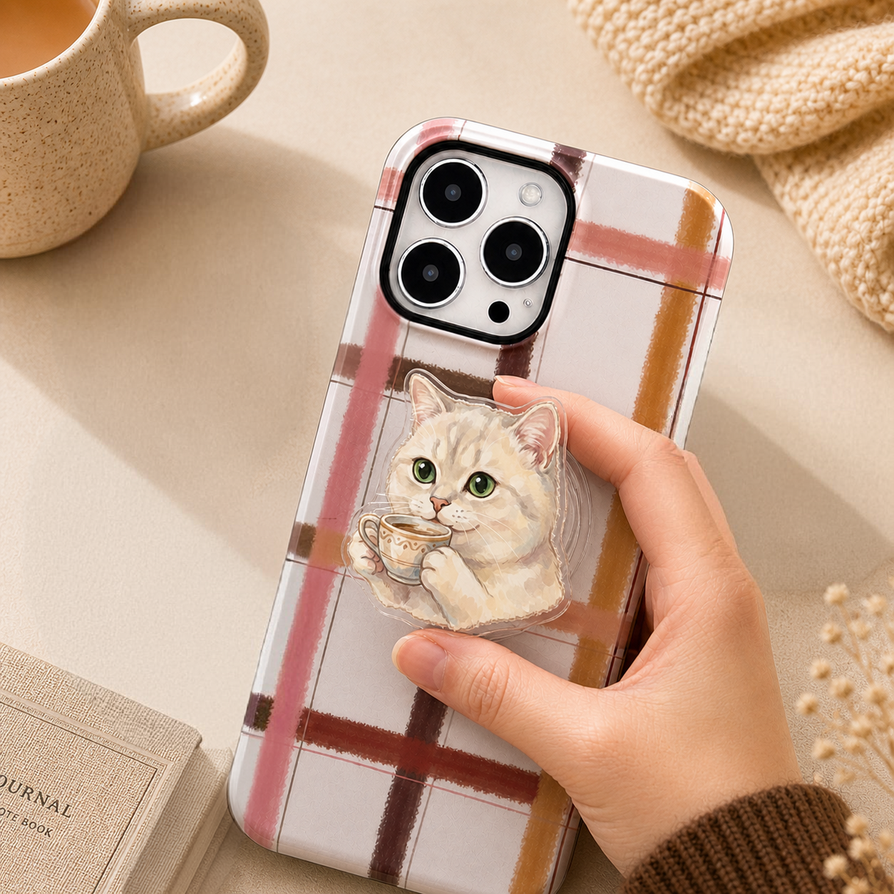 Custom pet portrait phone grip with a cat drinking coffee, watercolor design created by Pawsy Pals
