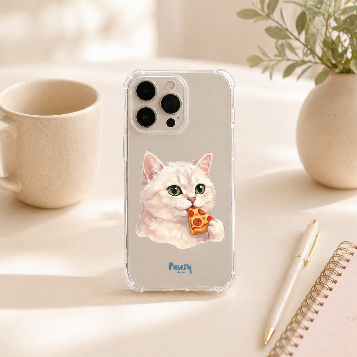 Customized pet portrait clear phone case with a cat eating pizza, watercolor design by Pawsy Pals