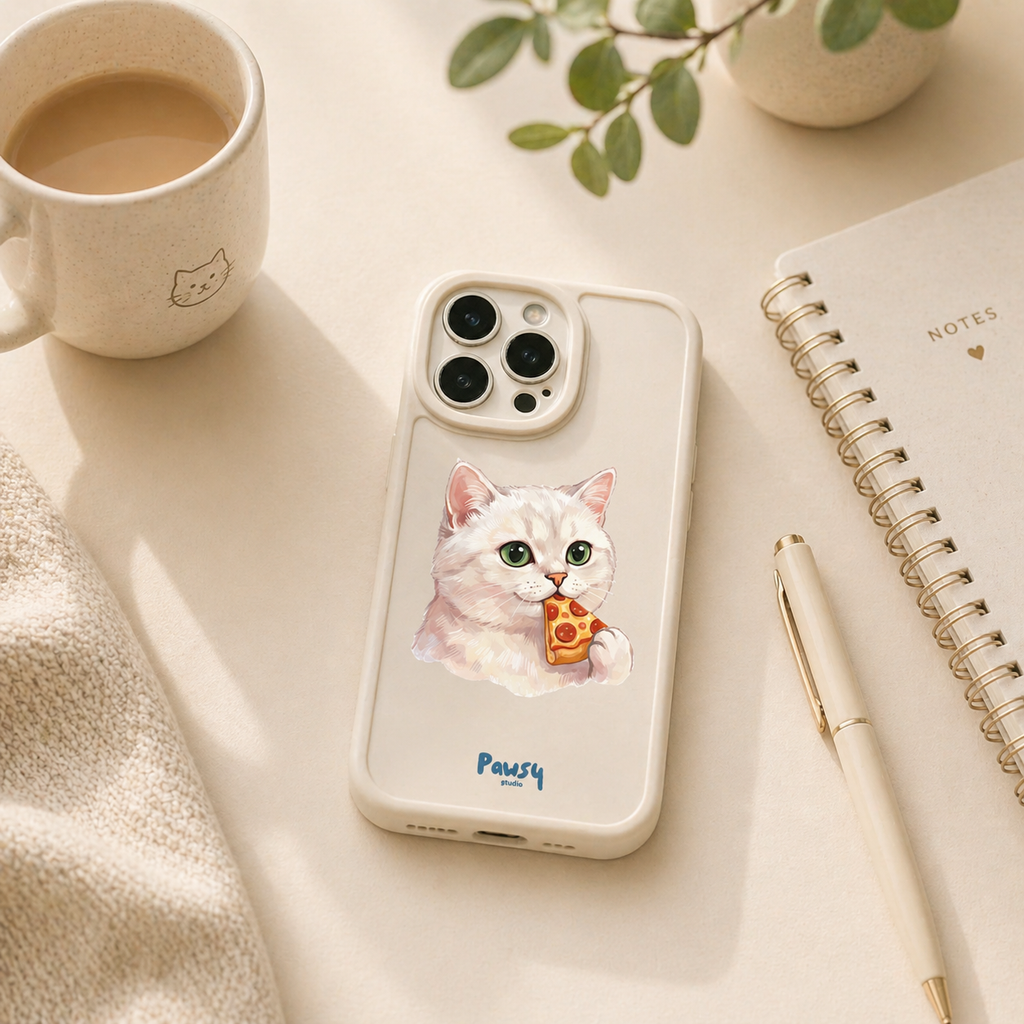 Customized pet portrait phone case with a cat eating pizza watercolor design, by Pawsy Pals