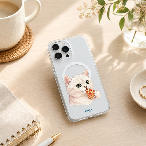 Customized pet portrait clear phone case with a cat eating pizza, watercolor pet portrait designed by Pawsy Pals