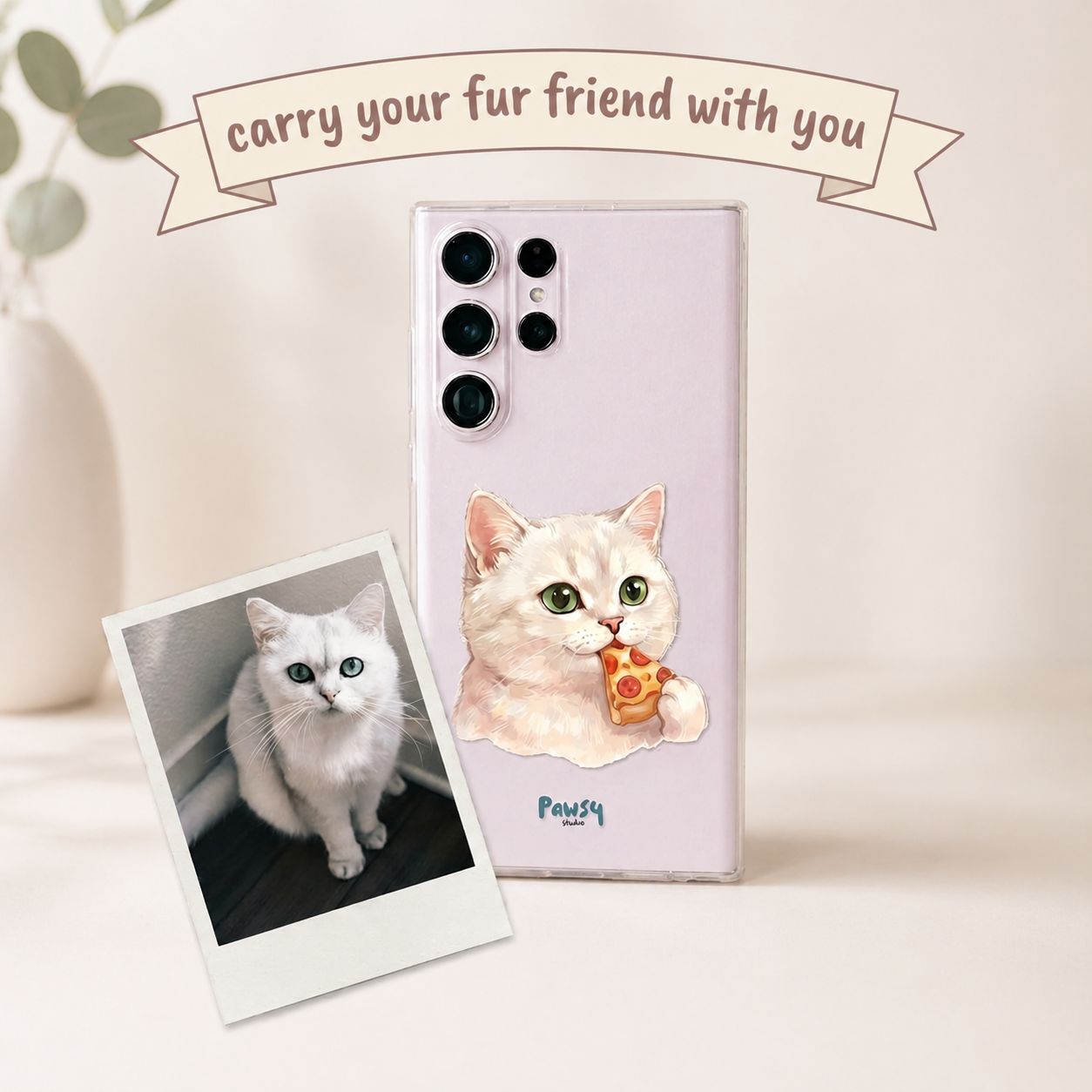 Customized phone case with a cat eating pizza design, next to the cat's photo, watercolor pet portrait design by Pawsy Pals