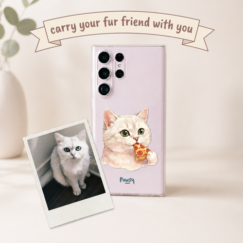 Customized phone case with a cat eating pizza design, next to the cat's photo, watercolor pet portrait design by Pawsy Pals