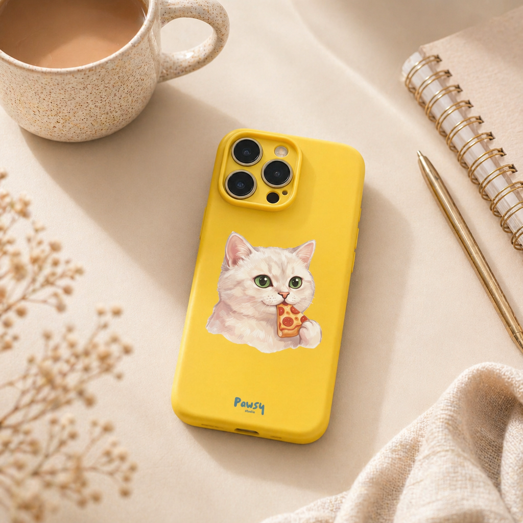 Customized pet portrait phone case with a cat eating pizza design, watercolor pet portrait designed by Pawsy Pals
