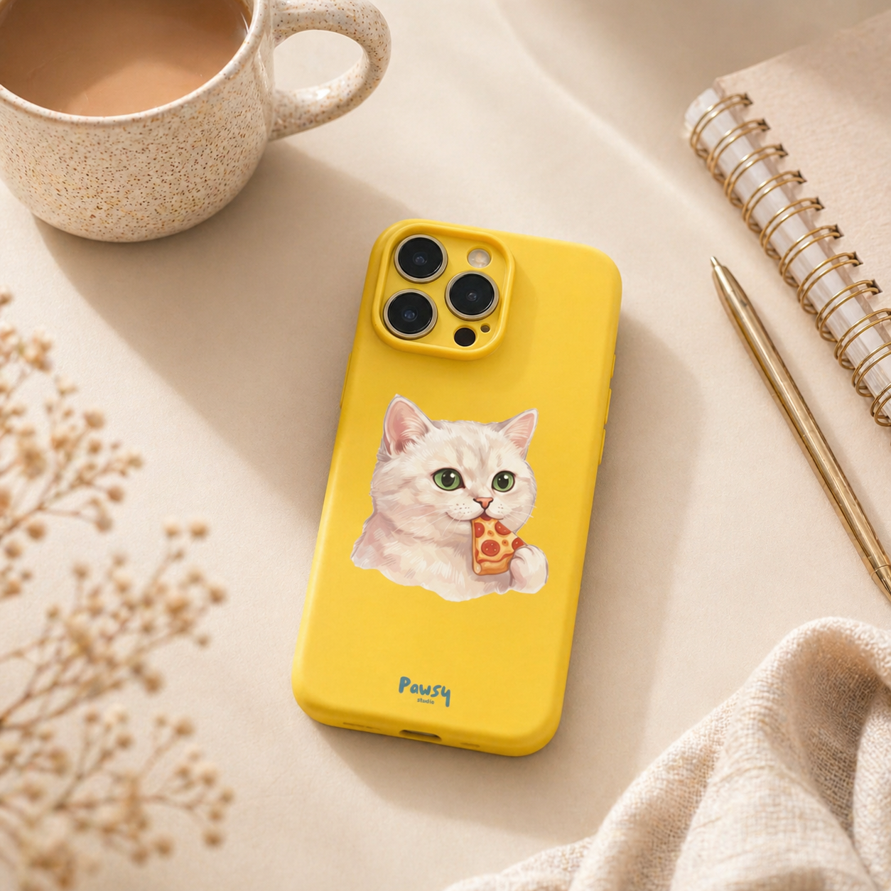 Customized pet portrait phone case with a cat eating pizza design, watercolor pet portrait designed by Pawsy Pals
