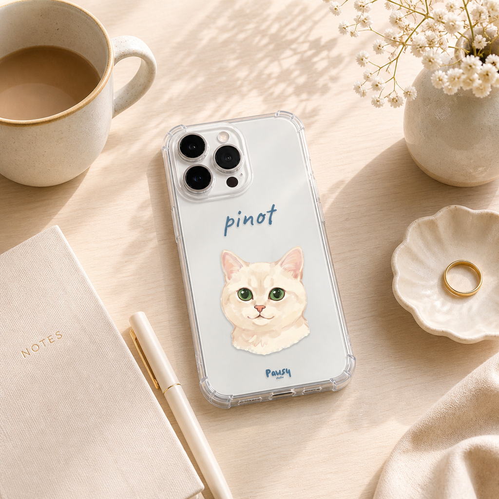 Customized pet portrait clear phone case with a cat's portrait, cute watercolor pet portrait designed by Pawsy Pals