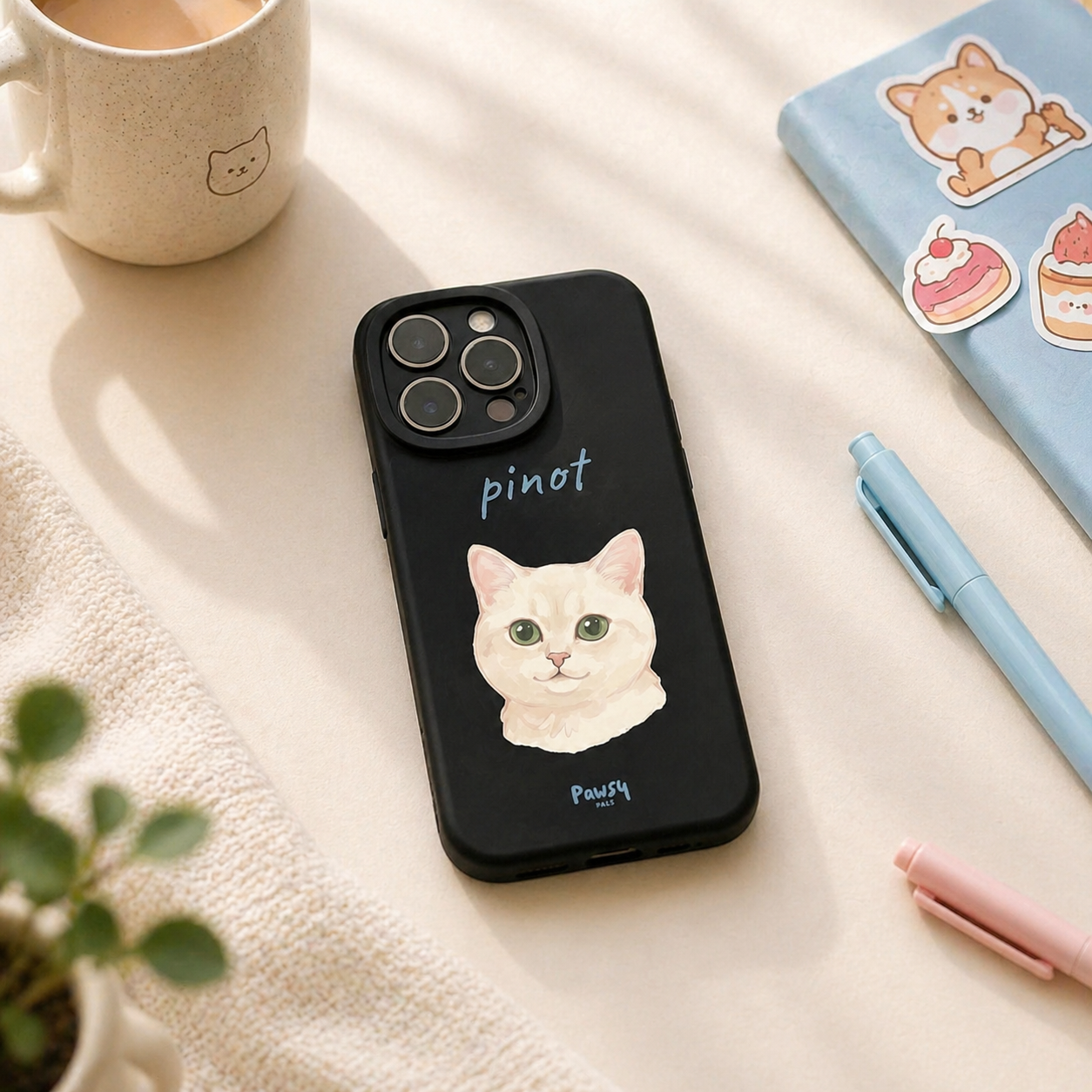 Customized phone case with watercolor portrait of a cat, designed by Pawsy Pals