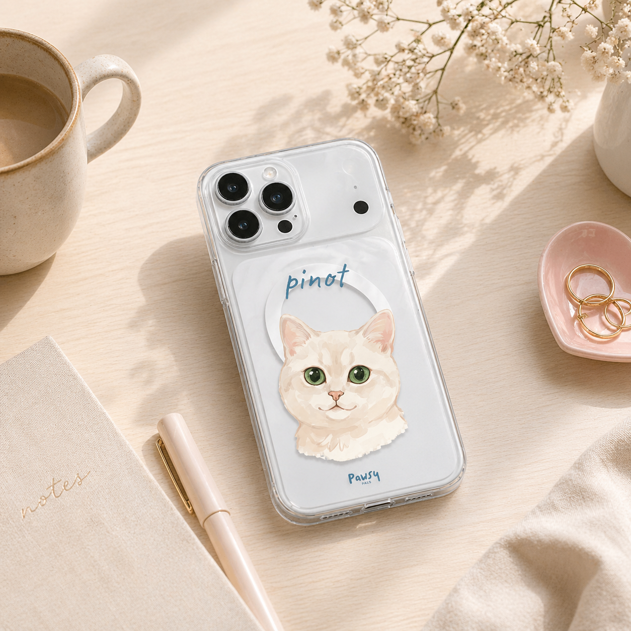 Customized pet portrait clear magsafe phone case with a cute portrait of a cat, watercolor pet portrait designed by Pawsy Pals